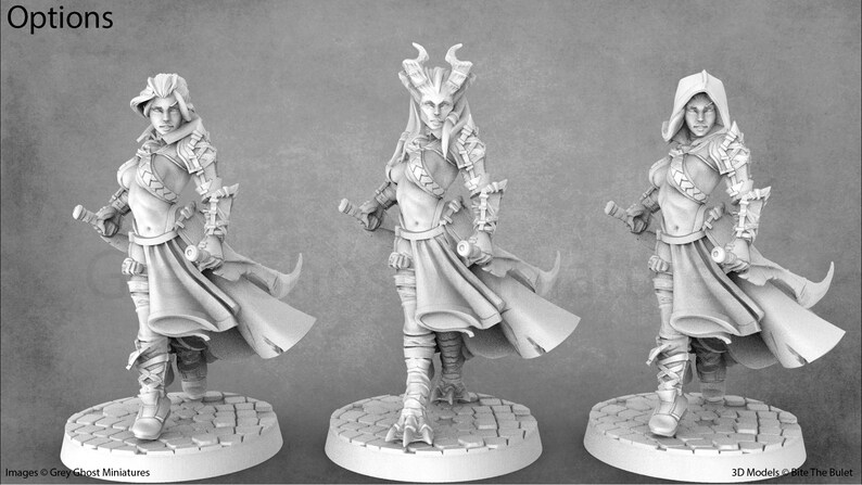 May include: Three miniature figures of female characters in different poses. The figures are wearing armor and carrying weapons. The figures are painted in a gray color.