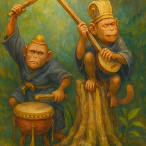 May include: An oil painting depicts two monkeys in blue robes playing musical instruments. One monkey plays a drum, while the other plays a stringed instrument. The background is a lush green forest.