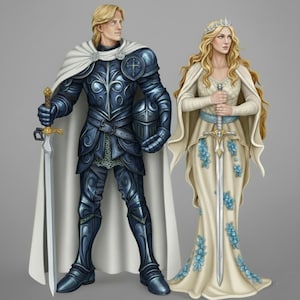 May include: Illustration of a knight in blue armor with a white cape, holding a sword and helmet, standing next to a woman in a cream-colored gown with blue floral accents, holding a sword. Both figures have blonde hair.