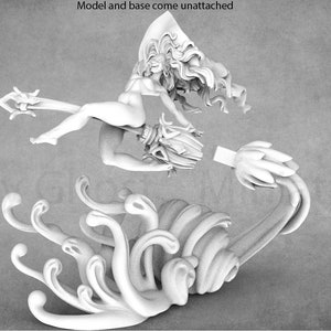 May include: A white 3D printed miniature of a female figure with long flowing hair, riding a stylized wave. The figure is holding a staff in her right hand. The base is separate and features a stylized wave design.