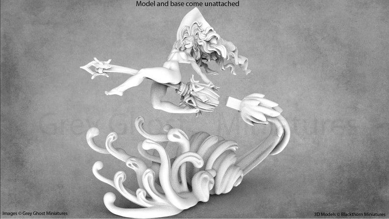 May include: A white 3D printed miniature of a female figure with long flowing hair, riding a stylized wave. The figure is holding a staff in her right hand. The base is separate and features a stylized wave design.