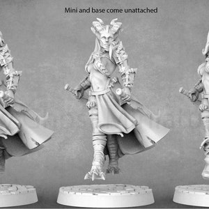 May include: Three miniature figures of women in fantasy-style clothing, each holding a sword and a dagger. The figures are posed in different stances and have different facial expressions. The figures are made of a white material and are unpainted.