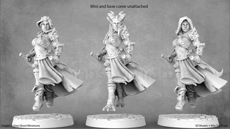 May include: Three miniature figures of women in fantasy-style clothing, each holding a sword and a dagger. The figures are posed in different stances and have different facial expressions. The figures are made of a white material and are unpainted.