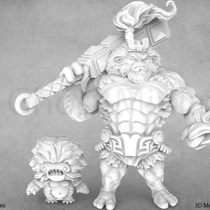 May include: A white 3D printed miniature of a large, muscular, ape-like creature with a flaming mane, holding a large hammer. A smaller, similar creature stands beside it.