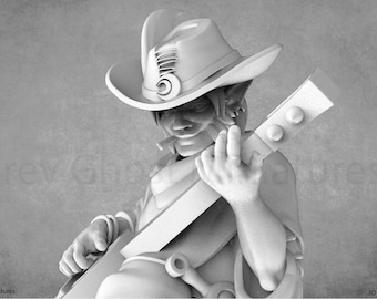 以下が含まれることがあります： グレーの3Dプリントされたファンタジーキャラクターのミニチュアで、リュートを演奏しています。キャラクターはつば広の帽子をかぶり、とがった耳をしています。ミニチュアは、音楽家の詳細な表現です。