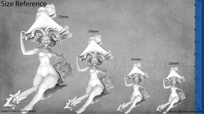 May include: Four different sizes of a miniature figurine of a woman riding a broomstick. The woman is wearing a large hat and has a mischievous expression on her face. The sizes are 75mm, 54mm, 35mm, and 32mm.