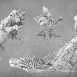 May include: A 3D printed miniature set featuring a warrior battling a lion. The set includes a warrior figure, a lion figure, and a rocky base with a spiky plant. The warrior is clad in armour and a cape, and the lion is roaring with its claws extended. The set is made of grey plastic and is ready for painting.