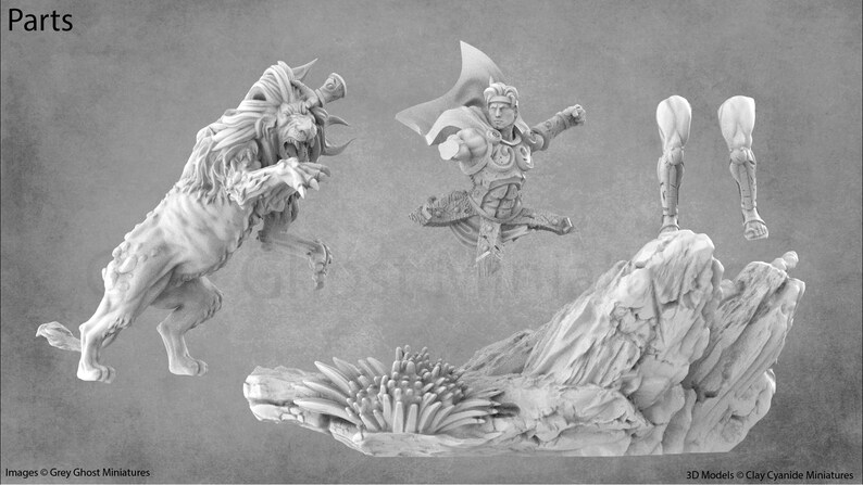 May include: A 3D printed miniature set featuring a warrior battling a lion. The set includes a warrior figure, a lion figure, and a rocky base with a spiky plant. The warrior is clad in armour and a cape, and the lion is roaring with its claws extended. The set is made of grey plastic and is ready for painting.