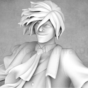 Puede incluir: Un modelo 3D impreso en blanco de un personaje con una sonrisa traviesa, que lleva una camisa con cuello y corbata. El personaje tiene el pelo corto y puntiagudo y está en pose con los brazos extendidos.