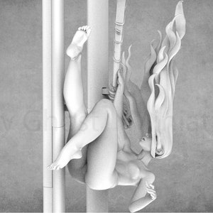 May include: A grayscale 3D printed model of a woman with long flowing hair, hanging upside down from a pole. The model is posed with one leg extended and the other bent at the knee. The woman's hair is styled in a flowing, flame-like shape.