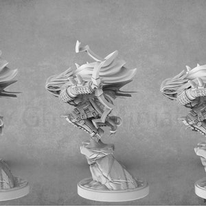 May include: A grey, 3D printed miniature of a hooded figure in a leaping pose, holding a sword. The figure is standing on a rocky base.