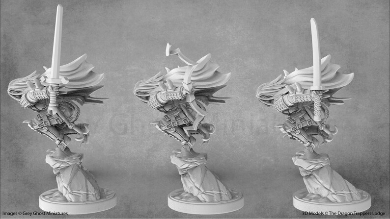 May include: A grey, 3D printed miniature of a hooded figure in a leaping pose, holding a sword. The figure is standing on a rocky base.