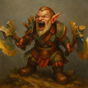 Puede incluir: Pintura digital de un guerrero enano con una expresión feroz, gritando con la boca abierta. Sostiene dos hachas doradas. El enano lleva una armadura con detalles rojos, verdes y dorados. El fondo es gris apagado.