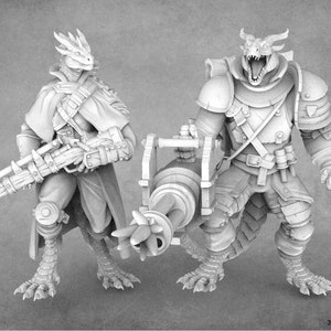 May include: Two detailed grayscale figurines of dragon-like creatures. One holds a large rifle, the other a cannon. Both are clad in armor and have reptilian features. The figures are posed as if ready for battle. The image is a 3D model.