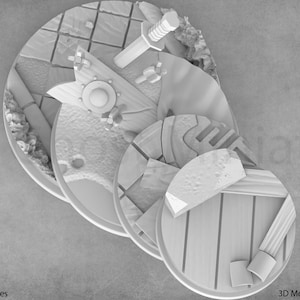 May include: A grayscale 3D model of a miniature diorama base, featuring multiple circular platforms with various textures and elements. Includes a sword, shield, and axe, suggesting a fantasy or historical theme.