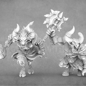 May include: Two detailed fantasy figures of horned creatures in a grayscale image. One figure holds a spiked mace, the other a round hammer. Both are in a dynamic pose, wearing armor and stylized clothing. The figures have a muscular build and a fierce expression.