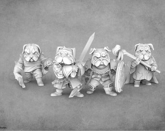 May include: Five miniature figurines of bulldogs dressed as fantasy characters. The bulldogs are wearing armour, holding swords, and shields.