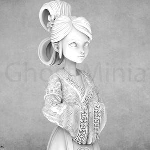 May include: A grayscale 3D model of a woman in traditional Asian attire. The figure has an elaborate hairstyle and detailed clothing with floral and geometric patterns. The image includes the text "Grey Ghost Miniatures" and "3D Models AsymSculpts".