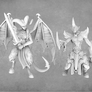 May include: Two detailed miniature figures. One figure has large wings, a horned headpiece, and a sword. The other figure is armored and holds a blade. Both figures are in a grayscale color scheme.