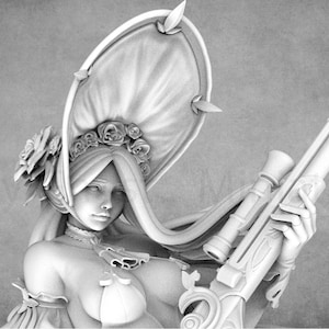 May include: A grayscale 3D model of a woman in a period costume, holding a rifle with a scope. She wears a large hat adorned with roses and a low-cut bodice. The image has the text "Images © Grey Ghost Miniatures" and "3D Models © RN Estudio".