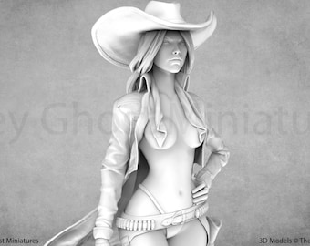 May include: A white 3D printed figurine of a woman wearing a cowboy hat, a jacket, and a belt with a gun holster. The figurine is posed with one hand on her hip and the other holding a gun.