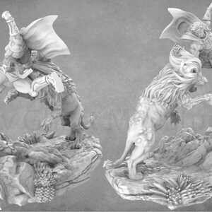 May include: A white 3D printed miniature of a warrior riding a lion. The warrior is wearing a cape and holding a sword. The lion is roaring and has a mane of hair. The miniature is set on a rocky base.