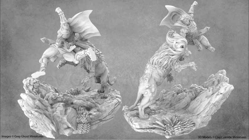 May include: A white 3D printed miniature of a warrior riding a lion. The warrior is wearing a cape and holding a sword. The lion is roaring and has a mane of hair. The miniature is set on a rocky base.
