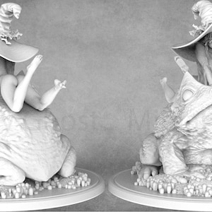 May include: A white, detailed, 3D printed figurine of a woman wearing a large, pointed hat and riding a large, detailed frog. The woman is sitting on the frog's back, and the frog is sitting on a base with small, mushroom-like details.
