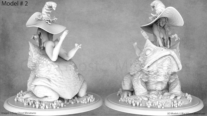 May include: A white, detailed, 3D printed figurine of a woman wearing a large, pointed hat and riding a large, detailed frog. The woman is sitting on the frog's back, and the frog is sitting on a base with small, mushroom-like details.