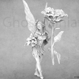 May include: A white figurine of a fairy holding a large white rose. The fairy has wings and is wearing a dress with a floral design.