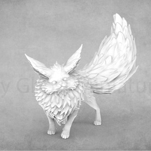 May include: White 3D printed miniature of a fox with feathery fur and a large, fluffy tail. The fox is standing on all fours and looking to the left.