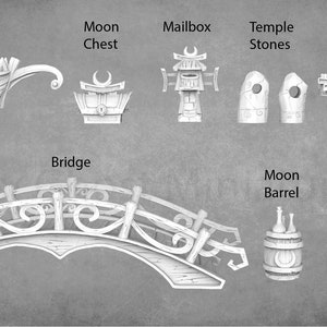 Op de afbeelding: Een set van 3D-geprinte miniatuurmodellen voor tabletop-spellen, waaronder een kar, een maan kist, een brievenbus, tempelstenen, een uilen tafel, een brug, een maan vat en een wisp fontein. De modellen zijn gemaakt van wit plastic en hebben een gedetailleerd, fantasierijk ontwerp.