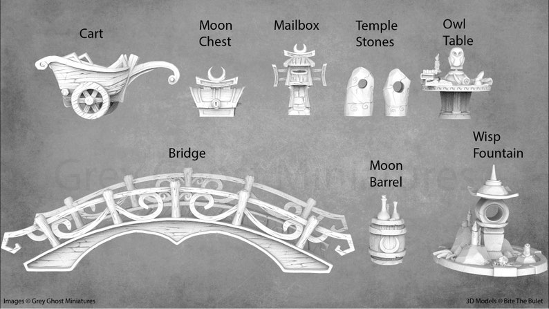 Op de afbeelding: Een set van 3D-geprinte miniatuurmodellen voor tabletop-spellen, waaronder een kar, een maan kist, een brievenbus, tempelstenen, een uilen tafel, een brug, een maan vat en een wisp fontein. De modellen zijn gemaakt van wit plastic en hebben een gedetailleerd, fantasierijk ontwerp.