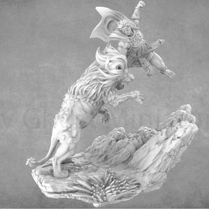 May include: A white miniature figurine of a warrior riding a lion. The warrior is wearing a cape and holding a sword. The lion is rearing up on its hind legs. The figurine is set on a rocky base.
