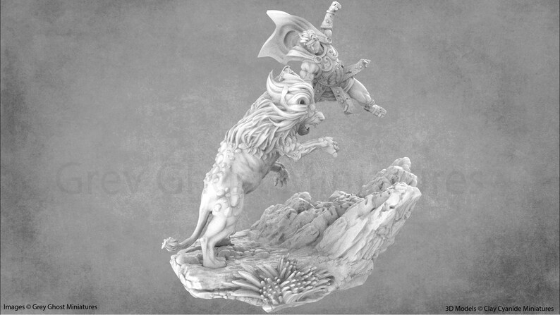 May include: A white miniature figurine of a warrior riding a lion. The warrior is wearing a cape and holding a sword. The lion is rearing up on its hind legs. The figurine is set on a rocky base.