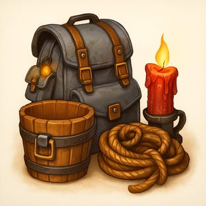Può includere: Illustrazione di equipaggiamento per l'avventura: uno zaino grigio con cinghie marroni, un secchio di legno, una corda arrotolata e una candela rossa accesa in un supporto nero. Gli oggetti sono su sfondo beige chiaro.