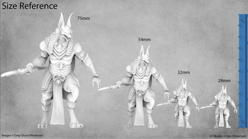 May include: Size reference image showing four miniature figures of a jackal-headed creature in different sizes: 75mm, 54mm, 32mm, and 28mm. The figures are all white and are posed in different stances.