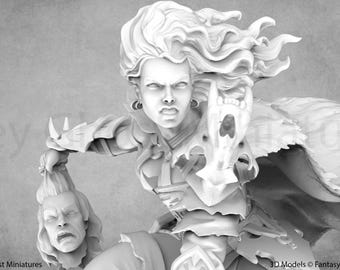 May include: A grayscale sculpture of a female warrior holding a severed head. The warrior has long, flowing hair and is wearing armor with a cape. The sculpture is a fantasy-themed miniature.