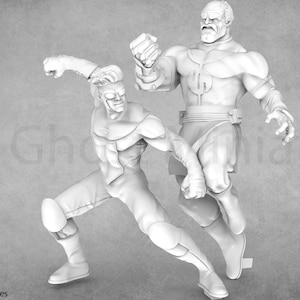May include: A grayscale image of two muscular figures in dynamic poses, possibly engaged in combat. The figures are detailed, with visible musculature and stylized clothing. The background is a plain, textured gray.