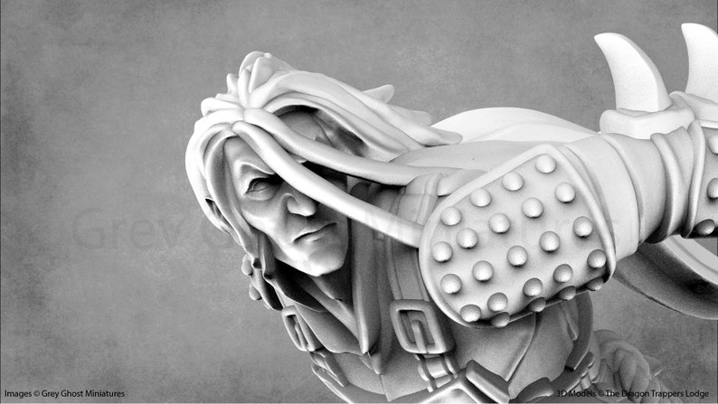 May include: A white plastic miniature of a warrior with long white hair, wearing armor with a studded shoulder pad. The warrior has a serious expression on their face.