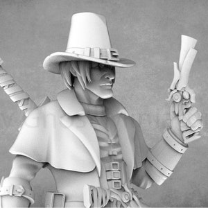 Puede incluir: Una miniatura impresa en 3D blanca de una persona que lleva un sombrero de ala ancha, un abrigo largo y sostiene una pistola en su mano derecha. La persona también lleva un cinturón con hebillas y tiene una espada atada a su espalda.