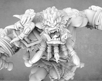 May include: A white, detailed miniature figurine of a snarling, furry creature with horns and a long beard. The creature is wearing a belt and has a fierce expression.
