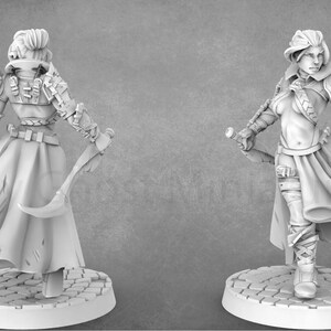 May include: A white, unpainted miniature figurine of a female character wearing a long coat, armor, and holding two daggers. The figurine is standing on a circular base.