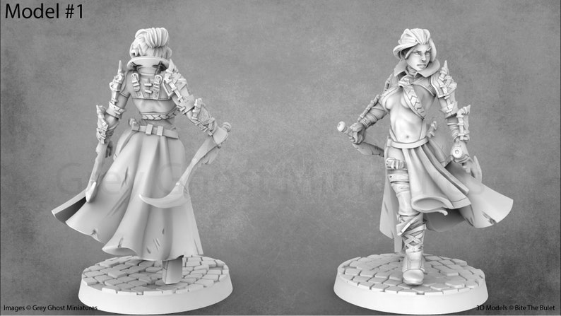May include: A white, unpainted miniature figurine of a female character wearing a long coat, armor, and holding two daggers. The figurine is standing on a circular base.
