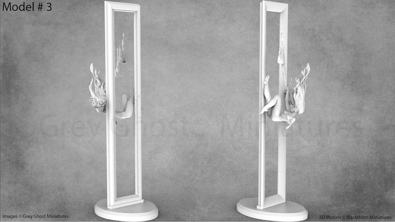 May include: A white, 3D printed model of a woman trapped inside a rectangular frame. The woman is contorted in a pose, with her head and arms extending outside the frame. The model is set against a gray background.