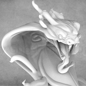 Peut inclure: Modèle 3D en niveaux de gris d'une tête de dragon, la gueule ouverte et la langue sortie. Les détails du dragon incluent des écailles, des cornes et une surface texturée. L'image a un effet de lumière douce et diffuse, soulignant le design.
