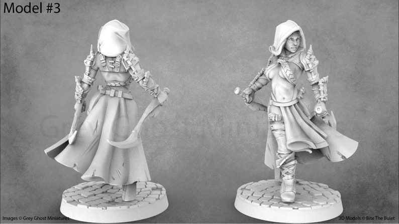 May include: A white 3D printed miniature of a female figure wearing a hooded cloak and armor, holding a weapon in each hand. The figure is standing on a circular base with a cobblestone design. The miniature is unpainted.