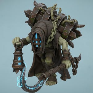 Peut inclure: Figurine détaillée d'une créature fantastique avec une cape à capuche et une grande structure métallique rouillée sur le dos. Elle tient une lanterne et une lame incurvée, toutes deux émettant une lueur bleue. La figurine a une peau vert pâle et est en position dynamique.