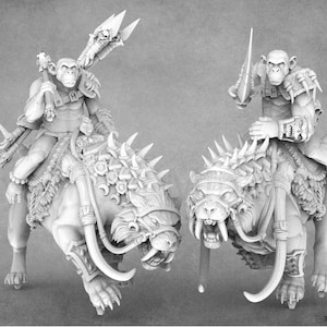 May include: Two white, detailed miniature figures of ape-like creatures riding on large, snarling, white, detailed, miniature beasts. The figures are holding weapons and are posed in a dynamic, action-ready stance.