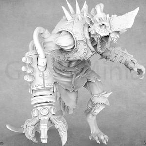 May include: A grayscale 3D model of a monstrous creature with a mechanical arm and claw. The creature has sharp teeth, horns, and armour plating. The model is set against a plain background, showcasing the details of the miniature.